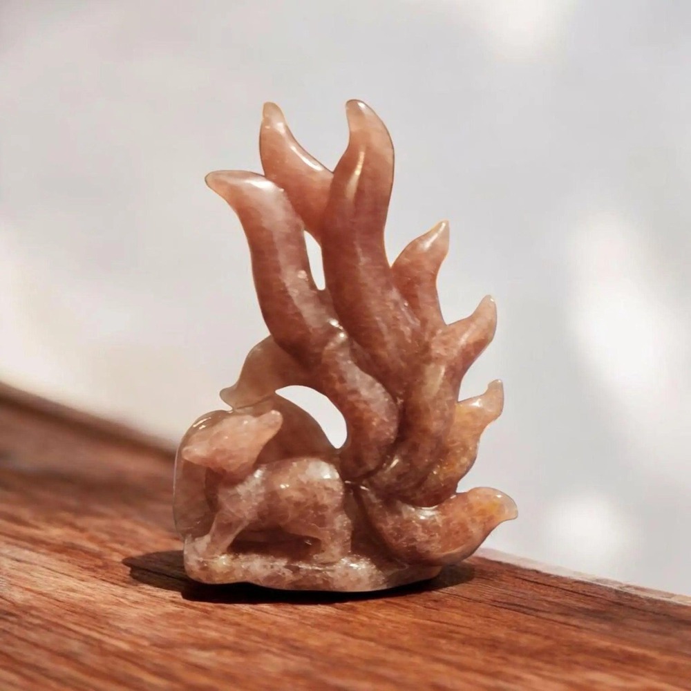Strawberry Quartz Nine Tailed Fox Carving, Strawberry Mythical Fox